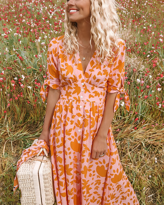 Robe midi élégante à fleurs colorées pour femme – Style d’été col en V