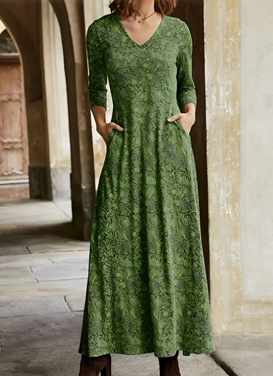 Vintage Long Dress for Women – Casual Maxi with V-Neck and Pockets