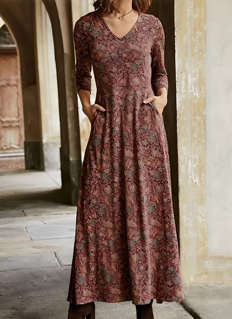 Robe Longue Vintage Femme – Maxi Décontractée Col V avec Poches
