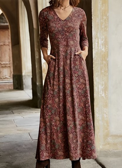 Robe Longue Vintage Femme – Maxi Décontractée Col V avec Poches