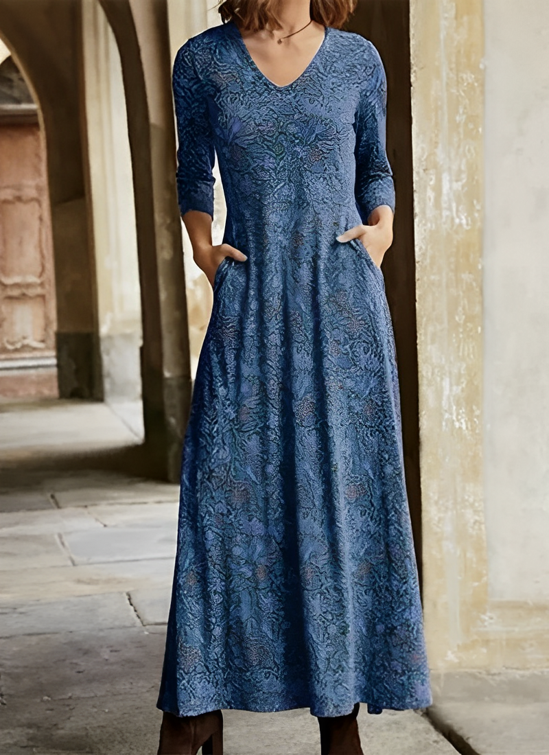 Robe Longue Vintage Femme – Maxi Décontractée Col V avec Poches
