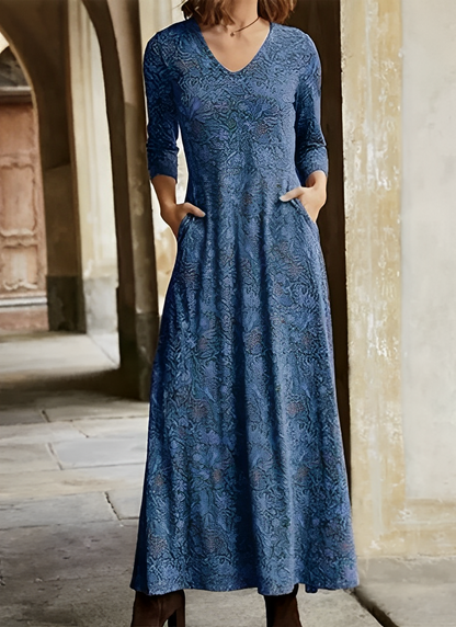 Robe Longue Vintage Femme – Maxi Décontractée Col V avec Poches