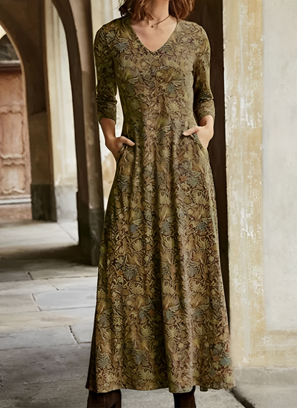 Robe Longue Vintage Femme – Maxi Décontractée Col V avec Poches
