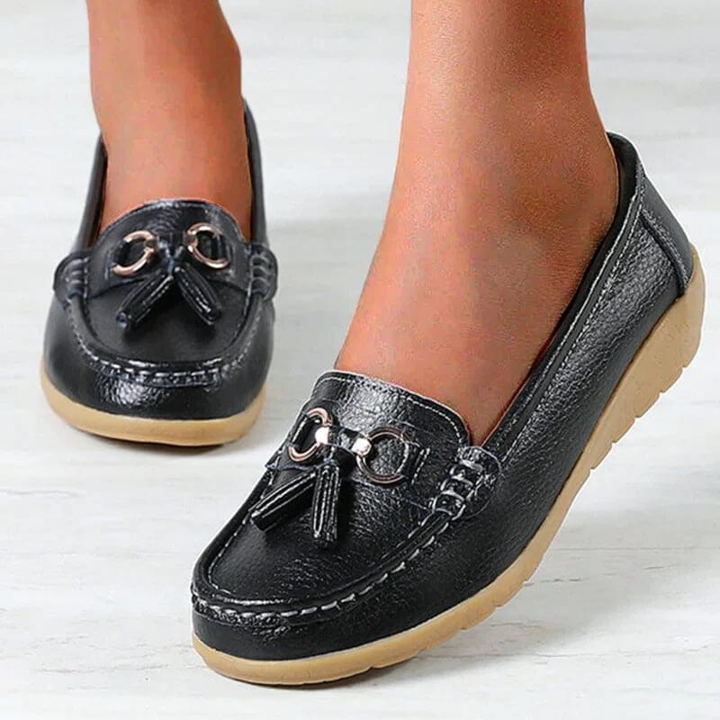 Mocassins femme confort – Chaussures plates souples avec nœud et frange