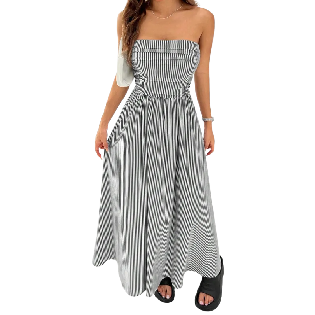 Women's Striped Maxi Dress with Bustier and Pockets - Light and Summery