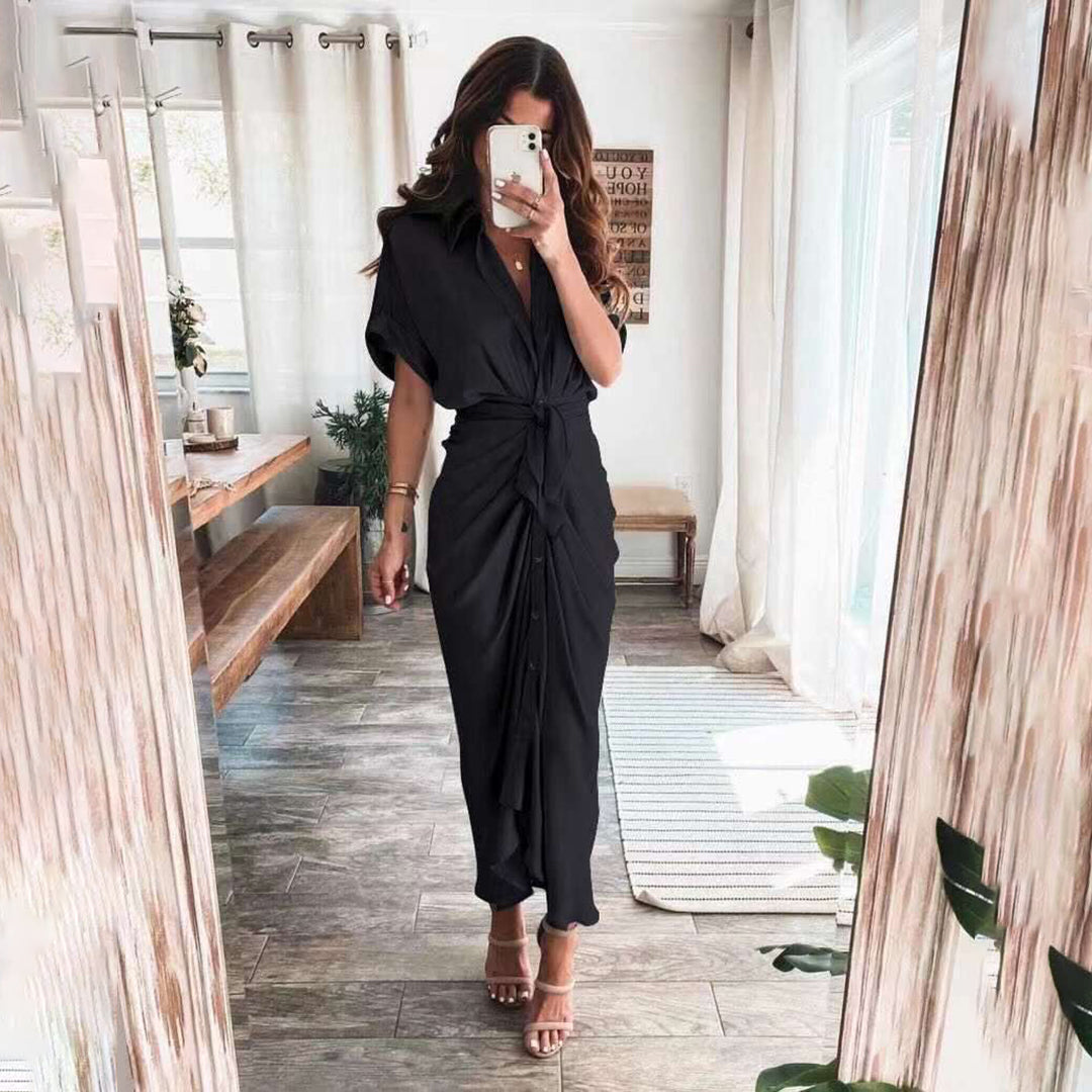 Robe Midi Satinée Femme Boutonnée Col V – Détail Taille Froncée Manches Longues