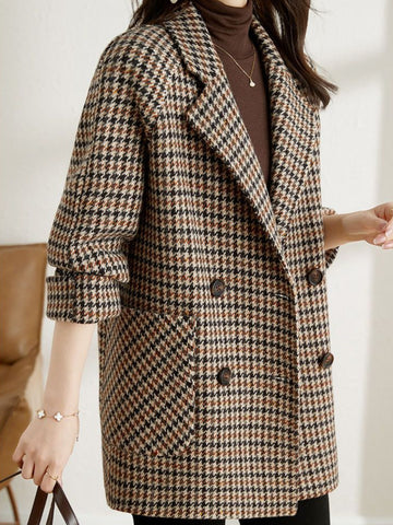 Manteau en Laine Pied-de-Poule pour Femmes – Manteau Élégant à Coupe Ample avec Revers
