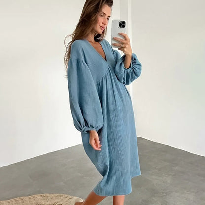 Robe Midi Décontractée pour Femme – Robe Ample à Col en V