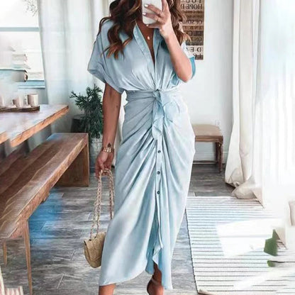 Robe Midi Satinée Femme Boutonnée Col V – Détail Taille Froncée Manches Longues