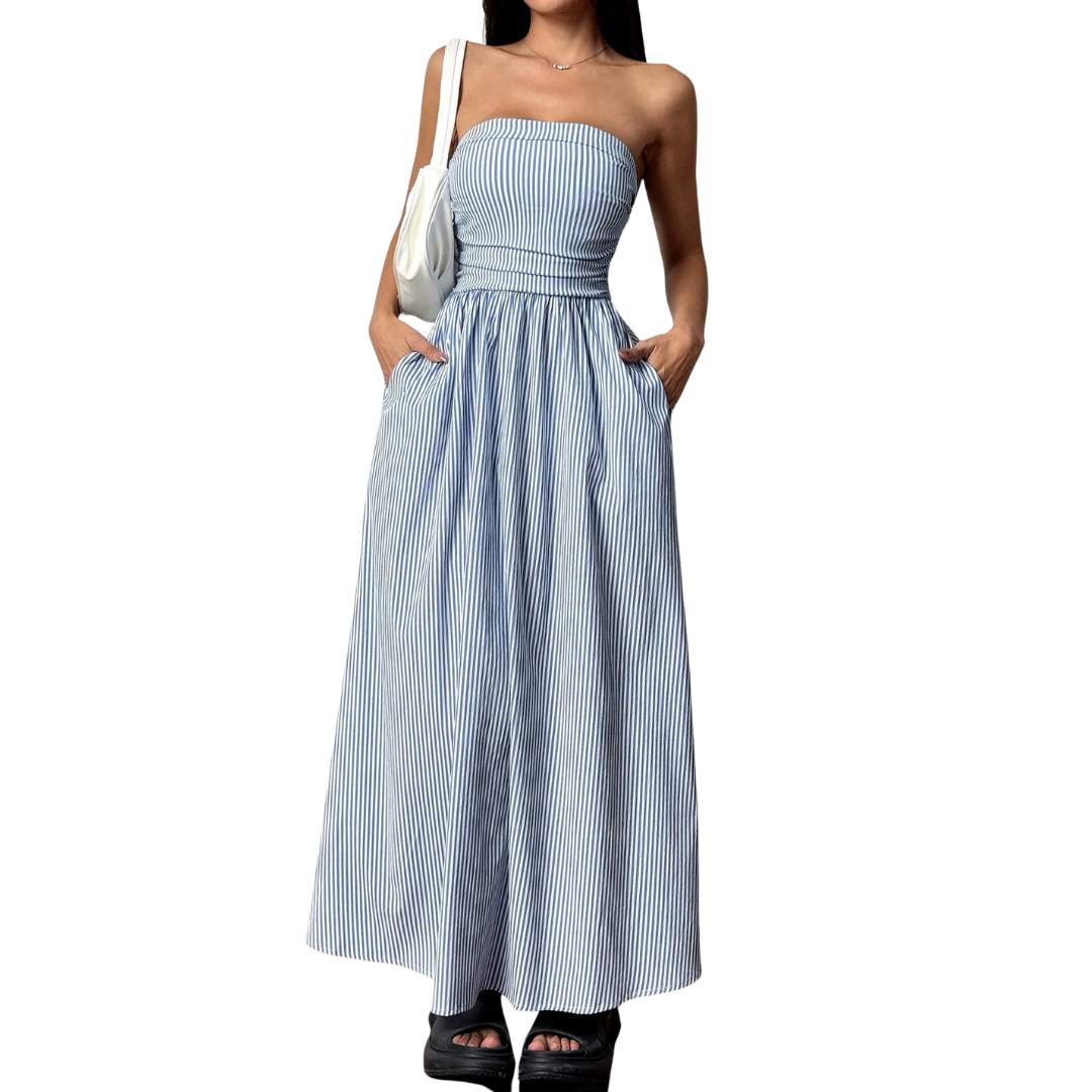Women's Striped Maxi Dress with Bustier and Pockets - Light and Summery