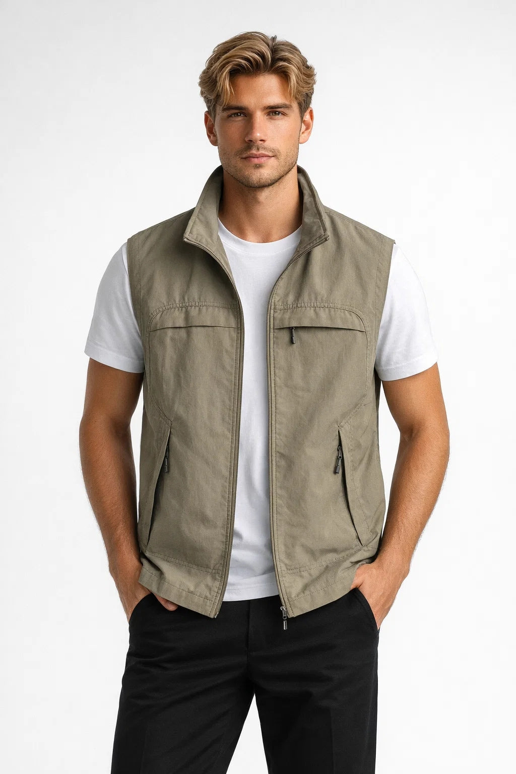 Lightweight men's bodywarmer with a stand-up collar, casual style