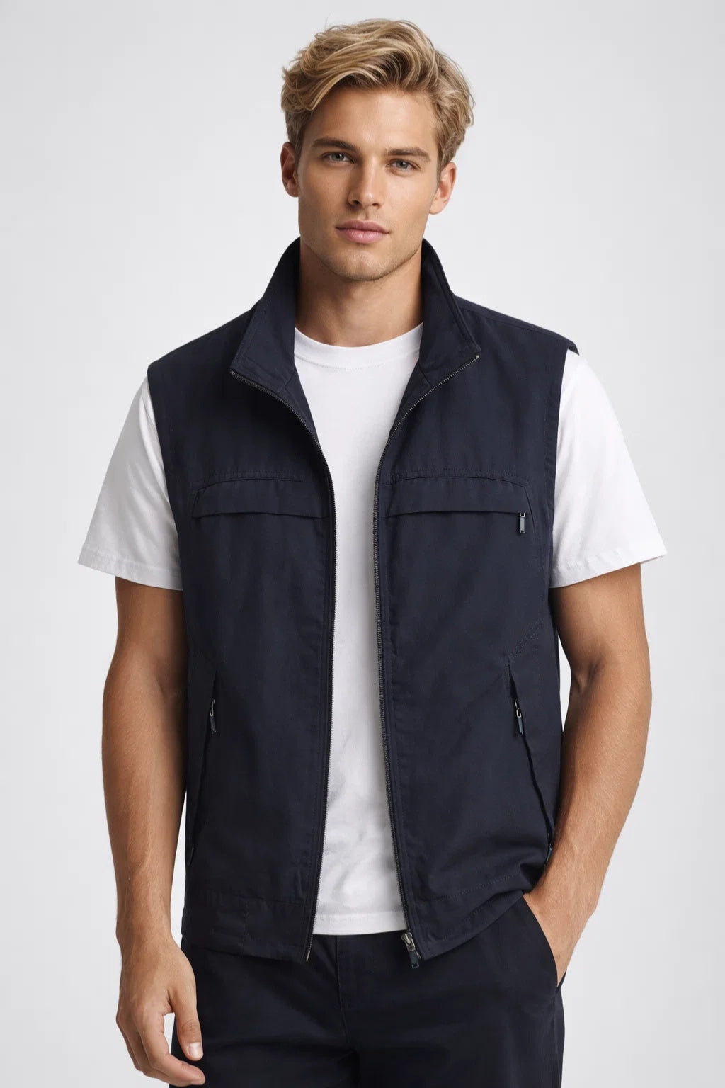 Lightweight men's bodywarmer with a stand-up collar, casual style