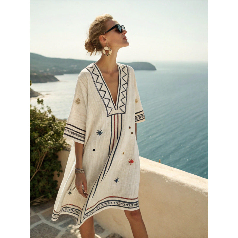 Robe Caftan Bohème Brodée Femme - Robe d'Été Élégante et Fluide