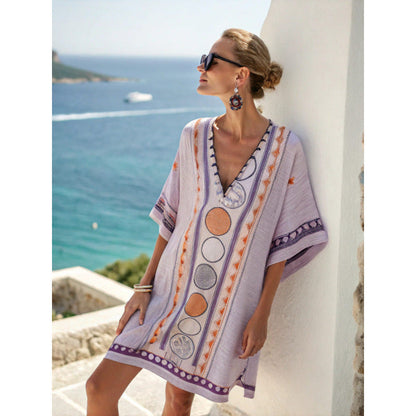 Robe Caftan Bohème Brodée Femme - Robe d'Été Élégante et Fluide