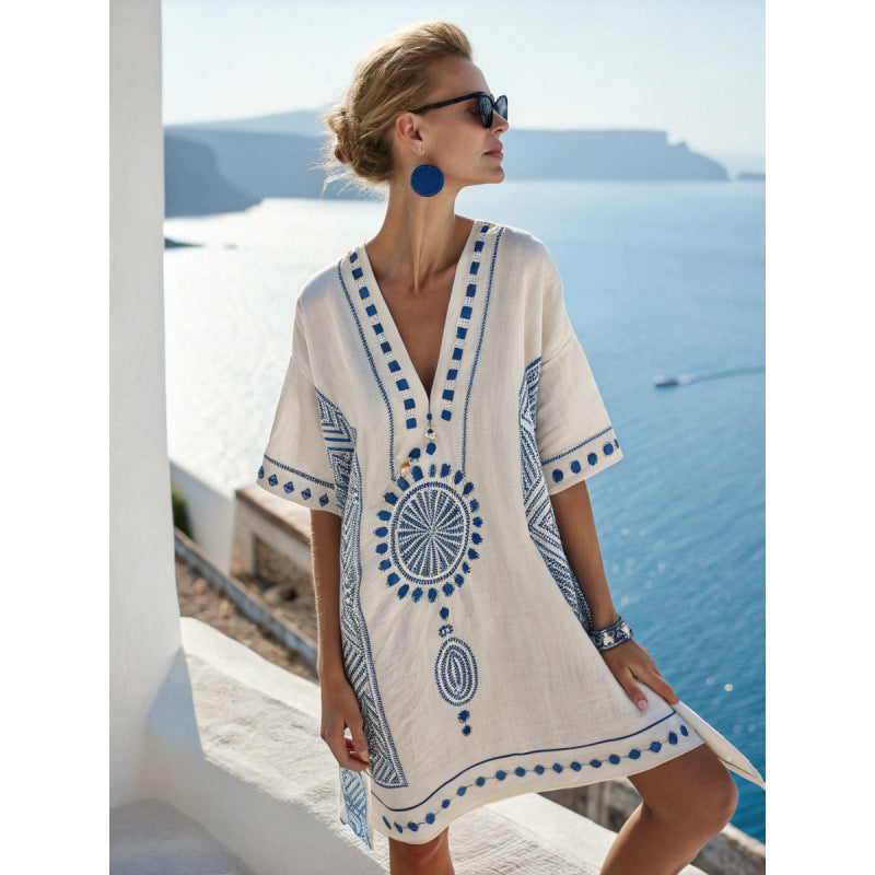 Robe Caftan Bohème Brodée Femme - Robe d'Été Élégante et Fluide
