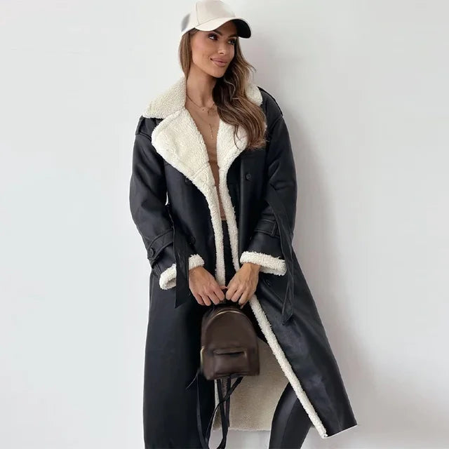 Manteau Femme à Revers et Doublure Sherpa – Long Vêtement d’Hiver Élégant
