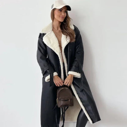 Manteau Femme à Revers et Doublure Sherpa – Long Vêtement d’Hiver Élégant