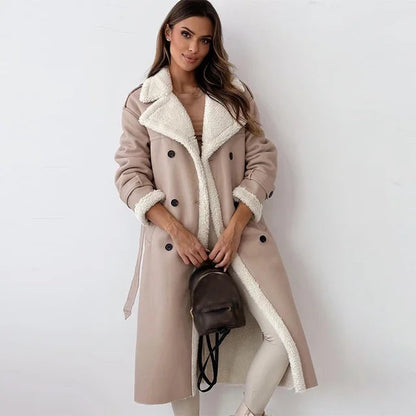 Manteau Femme à Revers et Doublure Sherpa – Long Vêtement d’Hiver Élégant
