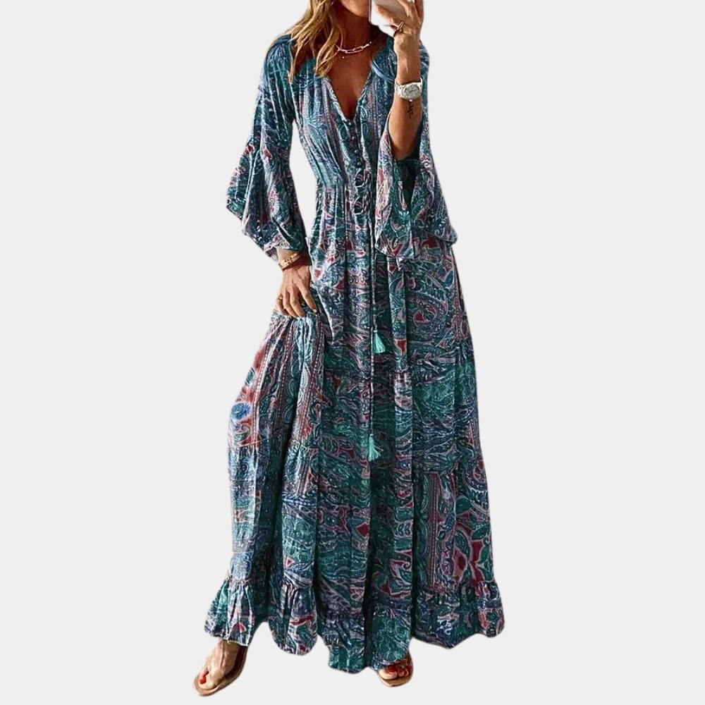 Robe Maxi Bohème pour Femme – Col V Floral Vintage avec Manches Cloche Longues