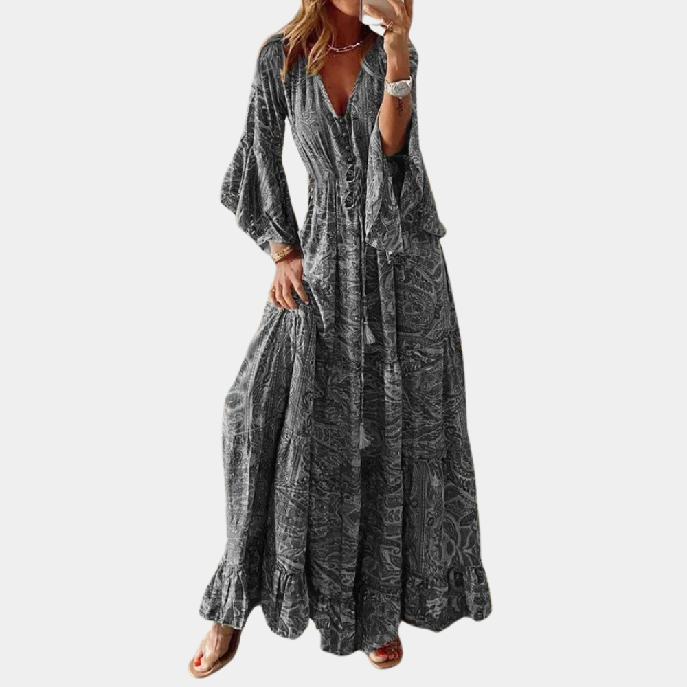 Robe Maxi Bohème pour Femme – Col V Floral Vintage avec Manches Cloche Longues