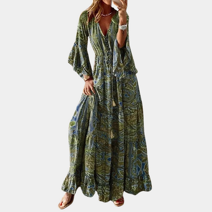 Robe Maxi Bohème pour Femme – Col V Floral Vintage avec Manches Cloche Longues