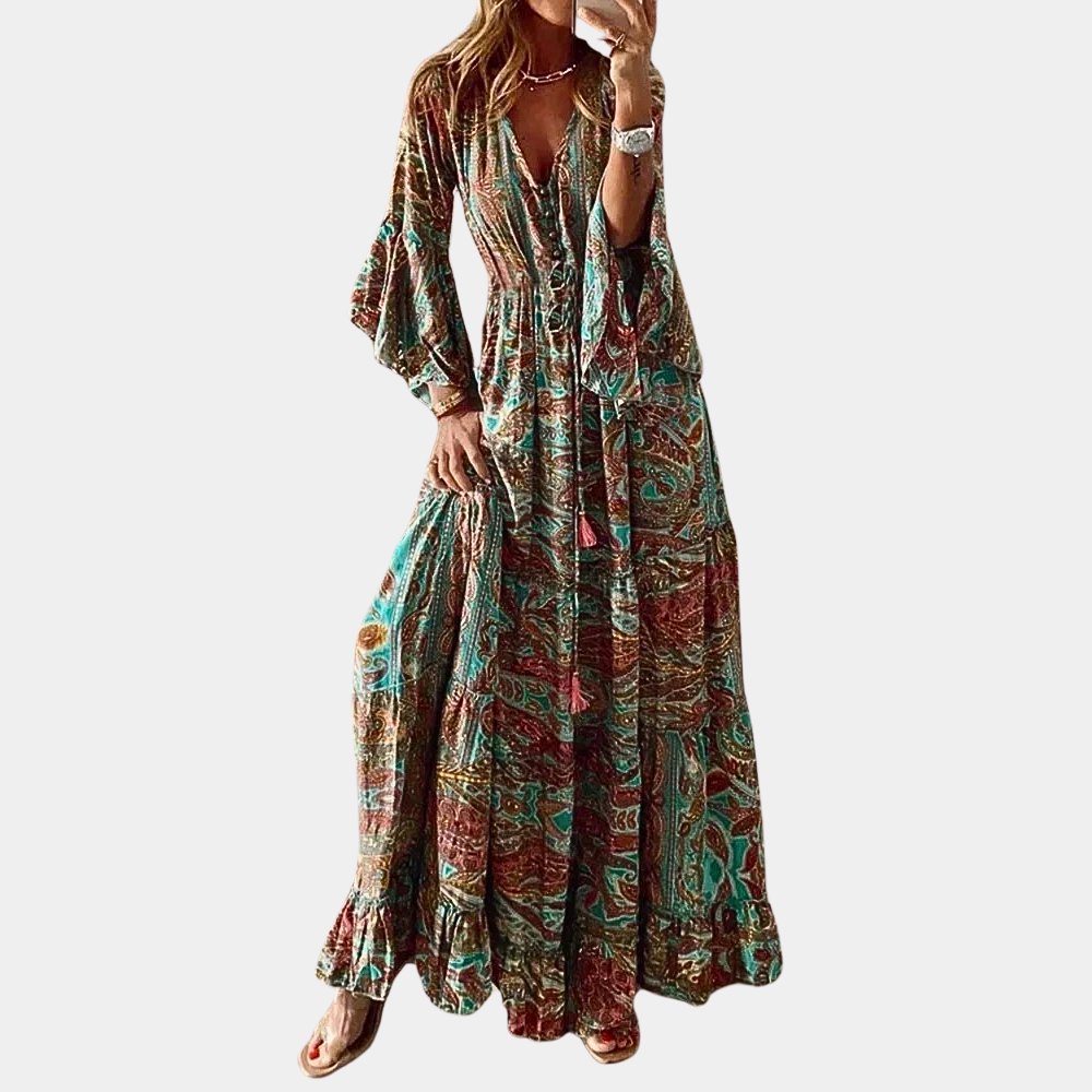 Robe Maxi Bohème pour Femme – Col V Floral Vintage avec Manches Cloche Longues