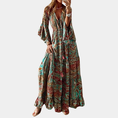 Robe Maxi Bohème pour Femme – Col V Floral Vintage avec Manches Cloche Longues