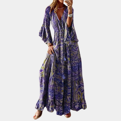 Robe Maxi Bohème pour Femme – Col V Floral Vintage avec Manches Cloche Longues