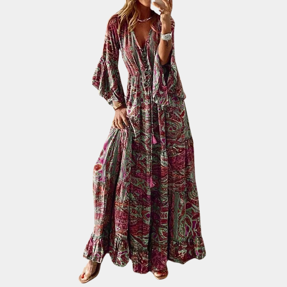 Robe Maxi Bohème pour Femme – Col V Floral Vintage avec Manches Cloche Longues