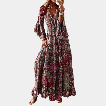 Robe Maxi Bohème pour Femme – Col V Floral Vintage avec Manches Cloche Longues