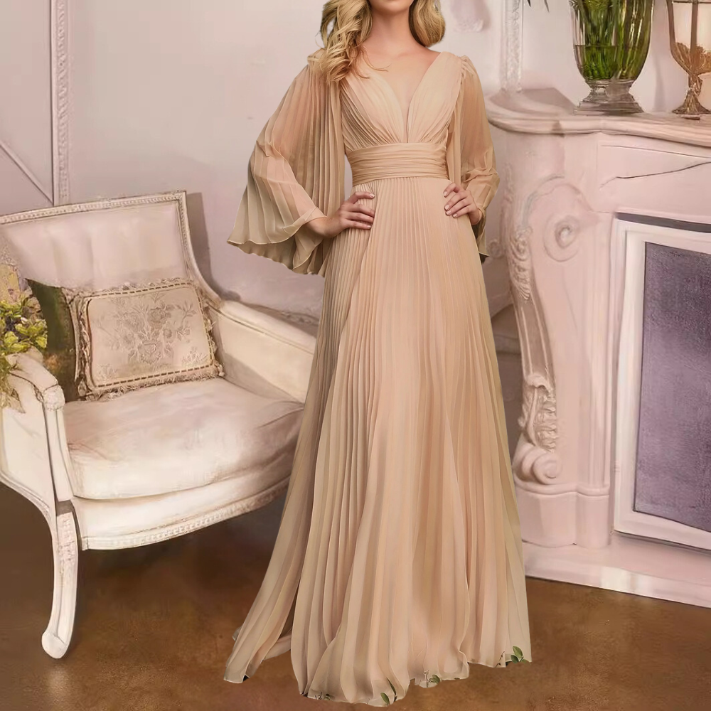 Robe Maxi Plissée Élégante pour Femme – Chiffon Col V Profond avec Manches Longues