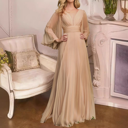 Robe Maxi Plissée Élégante pour Femme – Chiffon Col V Profond avec Manches Longues