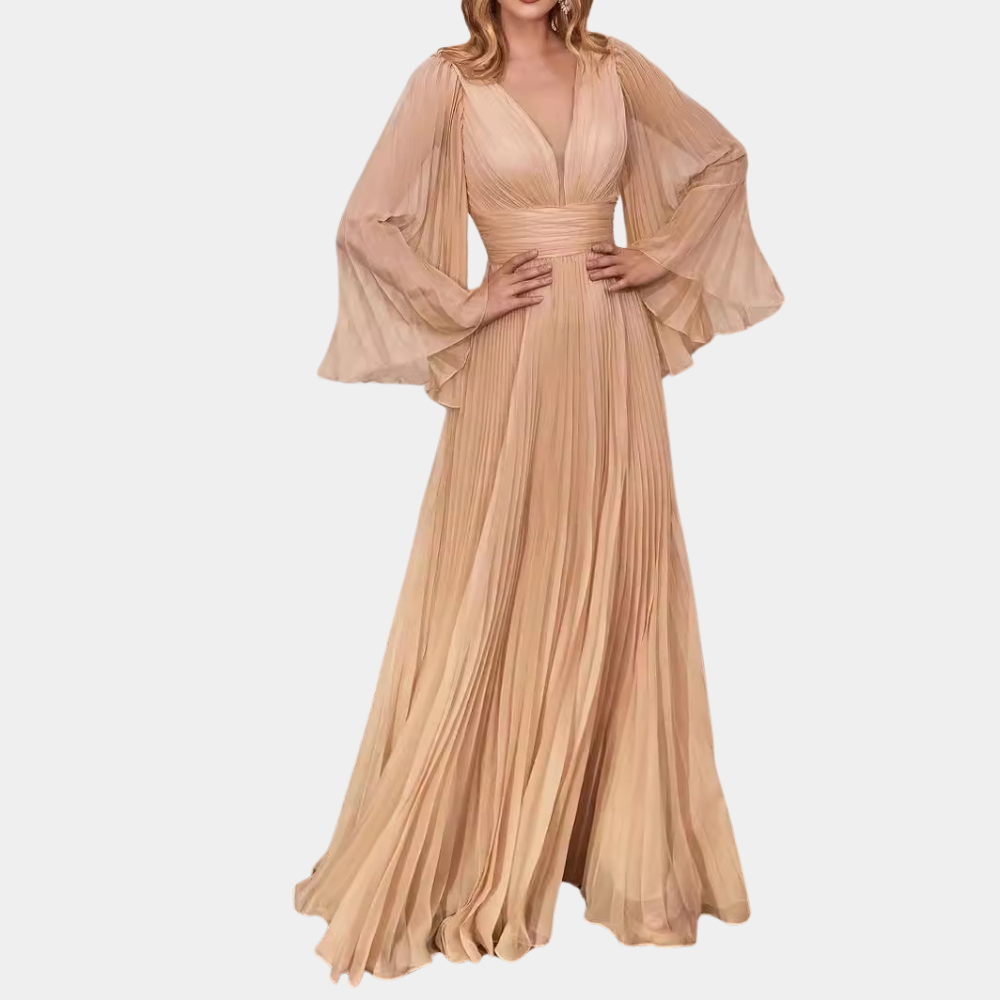 Robe Maxi Plissée Élégante pour Femme – Chiffon Col V Profond avec Manches Longues