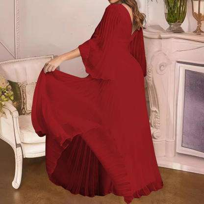 Robe Maxi Plissée Élégante pour Femme – Chiffon Col V Profond avec Manches Longues