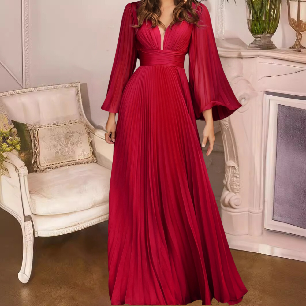 Robe Maxi Plissée Élégante pour Femme – Chiffon Col V Profond avec Manches Longues