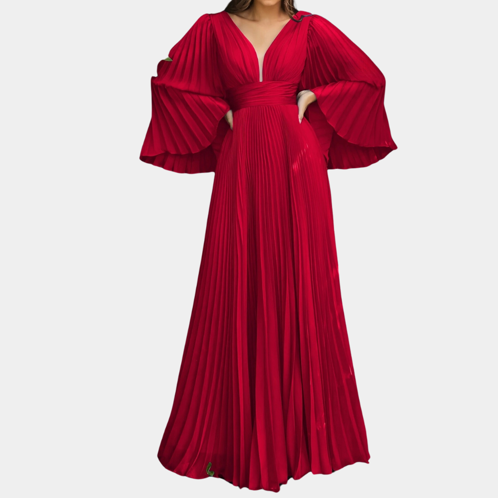 Robe Maxi Plissée Élégante pour Femme – Chiffon Col V Profond avec Manches Longues