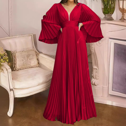 Robe Maxi Plissée Élégante pour Femme – Chiffon Col V Profond avec Manches Longues