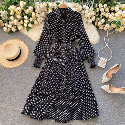Robe longue à pois pour femme – Robe chemise plissée à manches longues avec ceinture