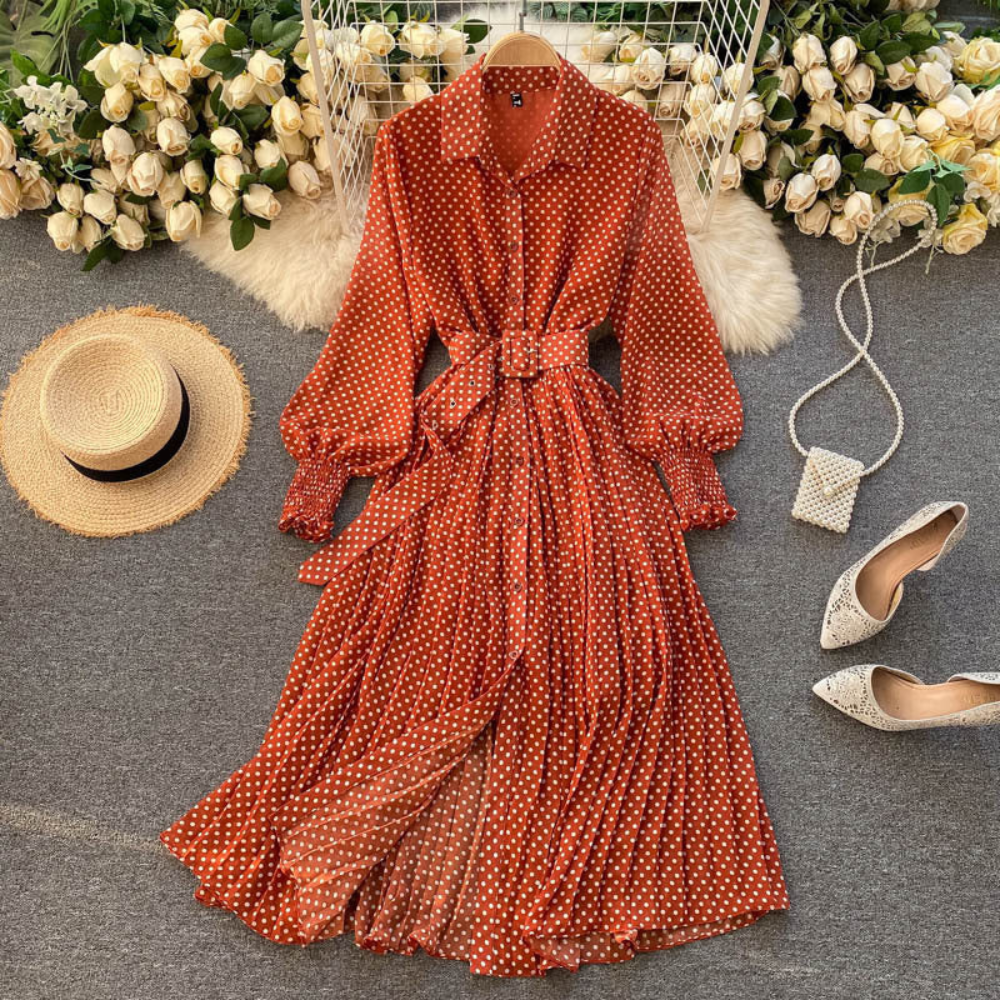Robe longue à pois pour femme – Robe chemise plissée à manches longues avec ceinture
