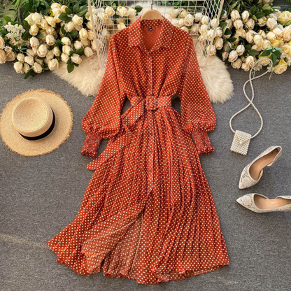 Robe longue à pois pour femme – Robe chemise plissée à manches longues avec ceinture