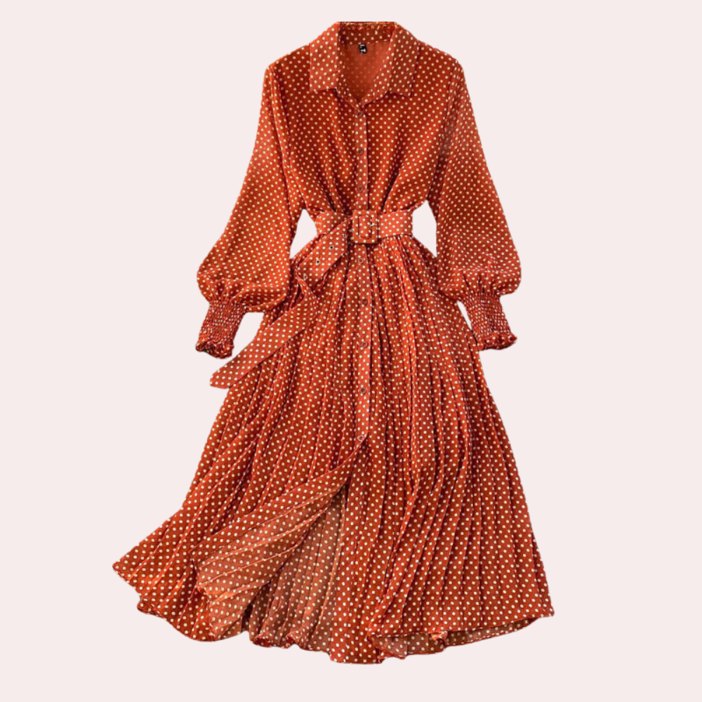 Robe longue à pois pour femme – Robe chemise plissée à manches longues avec ceinture