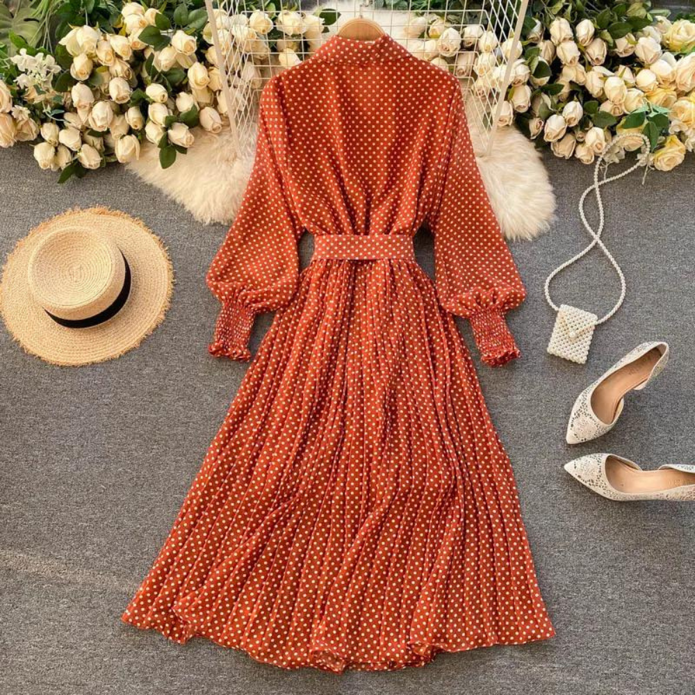 Robe longue à pois pour femme – Robe chemise plissée à manches longues avec ceinture