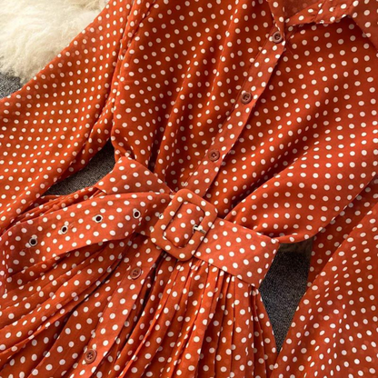 Robe longue à pois pour femme – Robe chemise plissée à manches longues avec ceinture