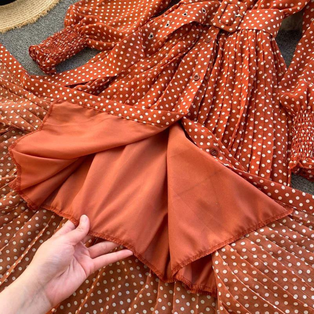 Robe longue à pois pour femme – Robe chemise plissée à manches longues avec ceinture