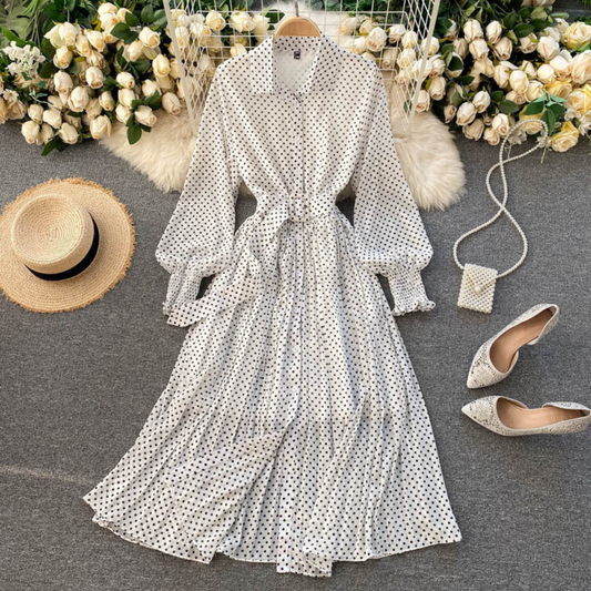 Long polka dot dress for women – Pleated shirt dress with long sleeves and belt
