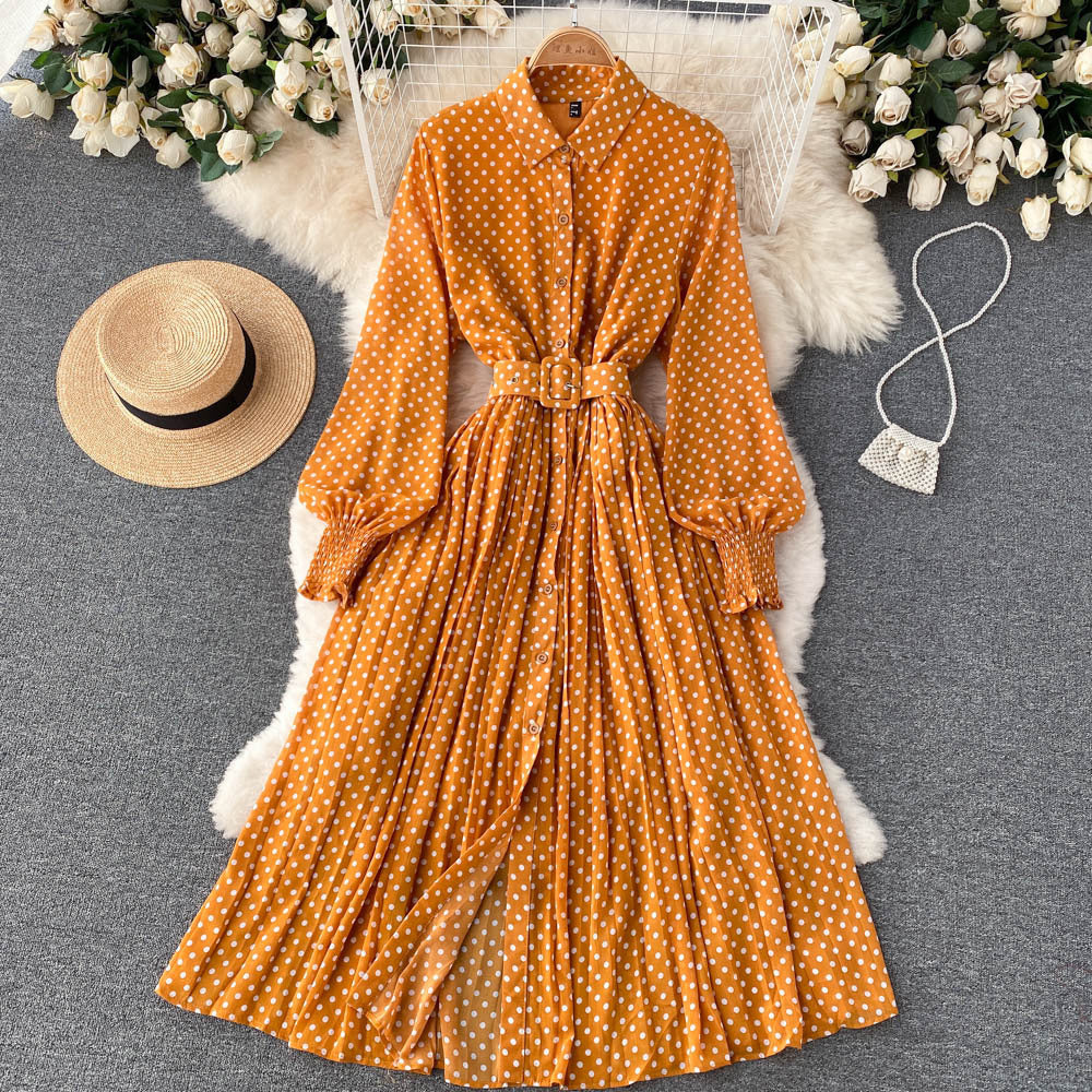 Robe longue à pois pour femme – Robe chemise plissée à manches longues avec ceinture