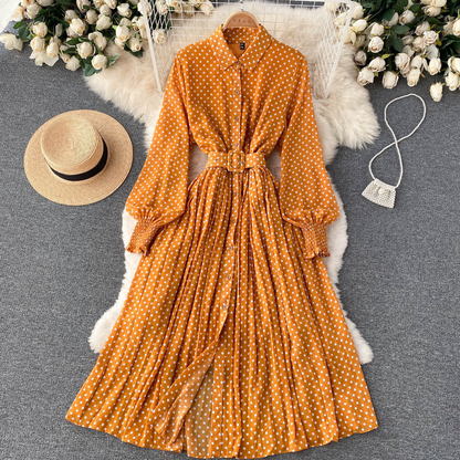 Robe longue à pois pour femme – Robe chemise plissée à manches longues avec ceinture