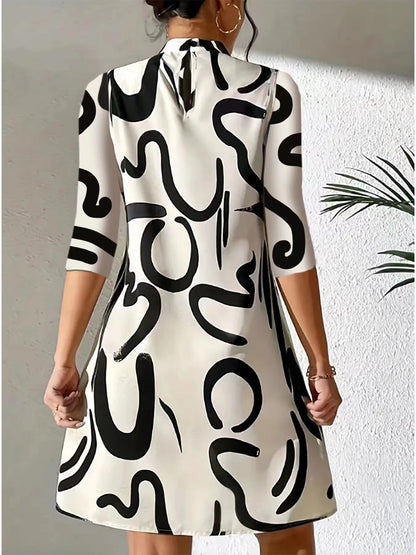 Robe Mini Décontractée à Manches 3/4 Femme – Col Haut Coupe Décontractée Été
