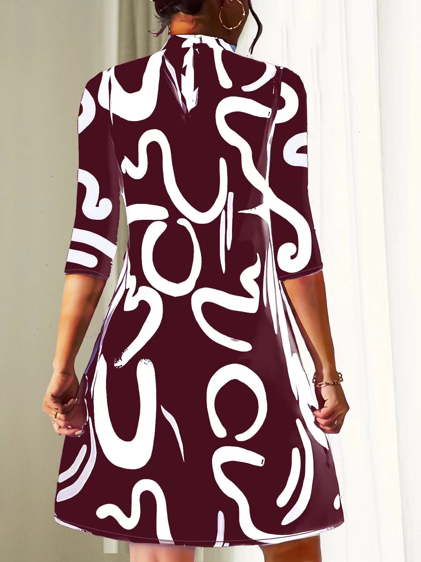 Robe Mini Décontractée à Manches 3/4 Femme – Col Haut Coupe Décontractée Été