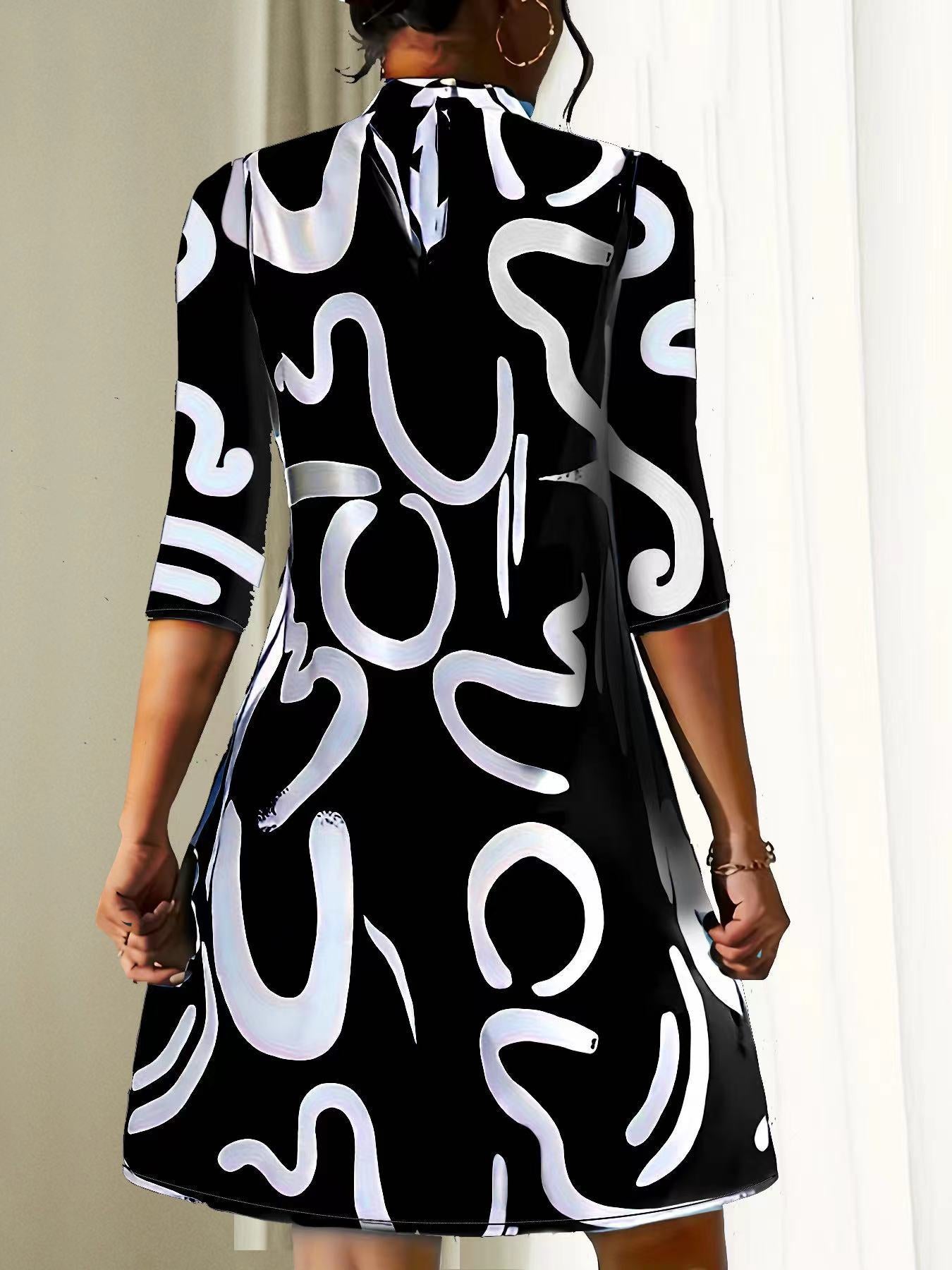 Robe Mini Décontractée à Manches 3/4 Femme – Col Haut Coupe Décontractée Été